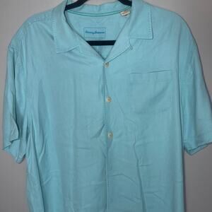 Tommy Bahama Mens Size Large Light Blue 100% Silk Short Sleeve Button Up Shirt